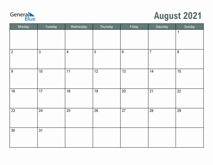 Free Printable August 2021 Calendar