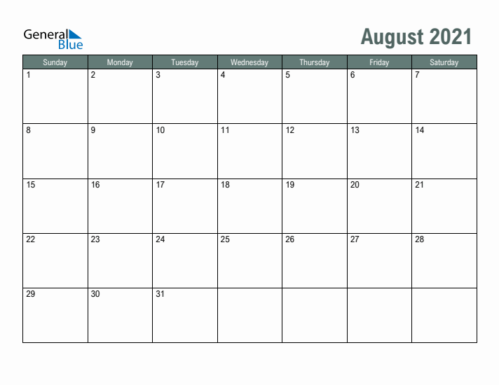 Free Printable August 2021 Calendar