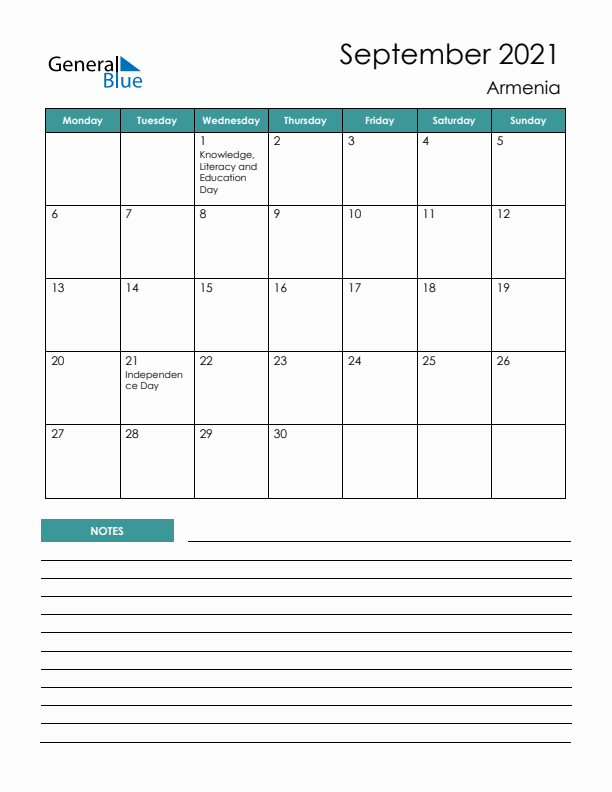 Calendar with Notes Printable - Monday Start