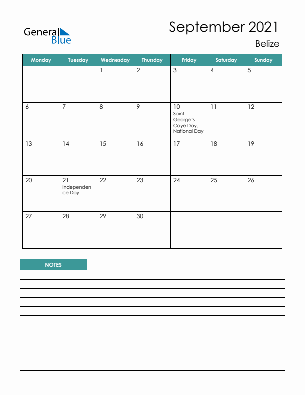 Calendar with Notes Printable - Monday Start