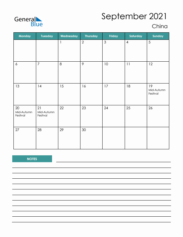 Calendar with Notes Printable - Monday Start