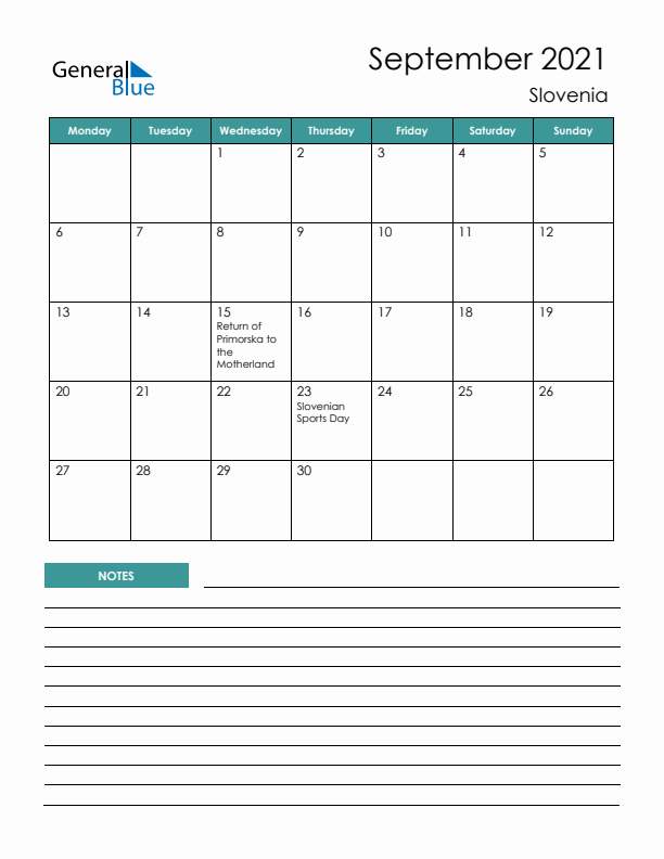 Calendar with Notes Printable - Monday Start