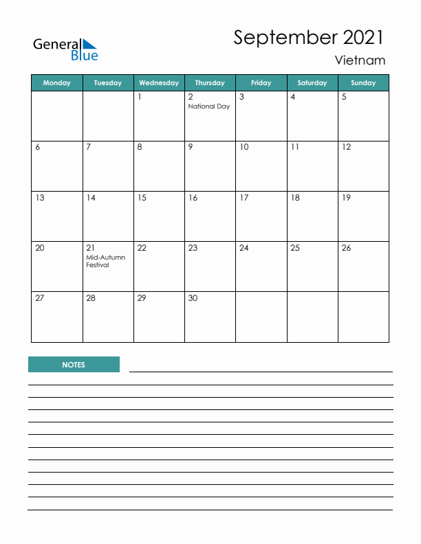 Calendar with Notes Printable - Monday Start