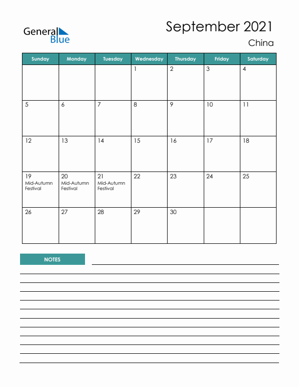 Calendar with Notes Printable - Sunday Start