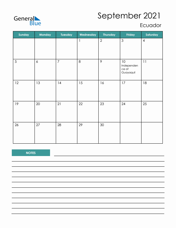 Calendar with Notes Printable - Sunday Start