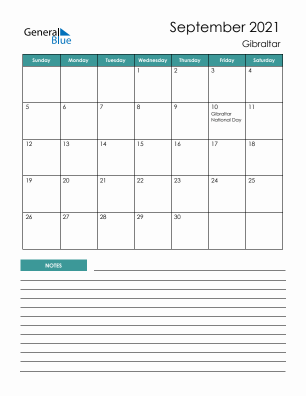 Calendar with Notes Printable - Sunday Start