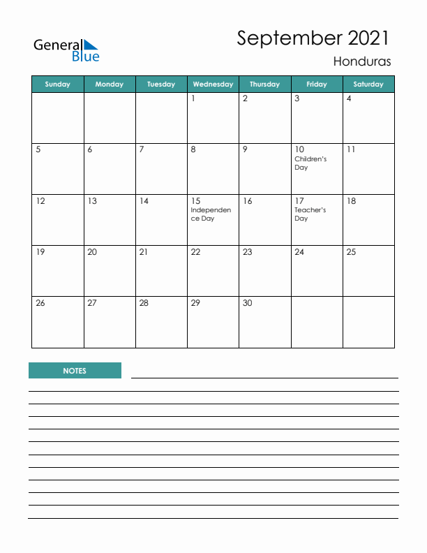 Calendar with Notes Printable - Sunday Start