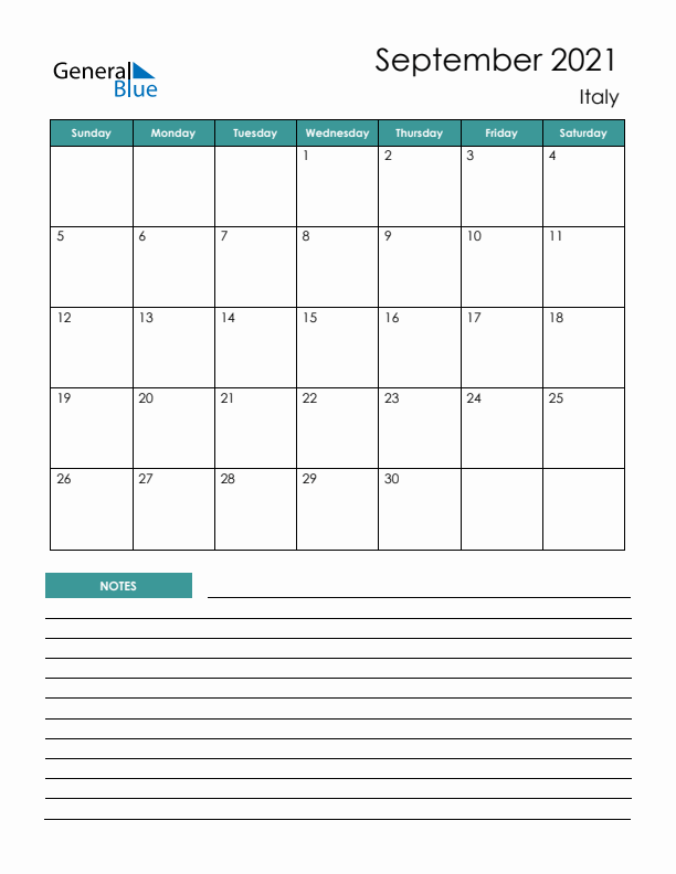 Calendar with Notes Printable - Sunday Start