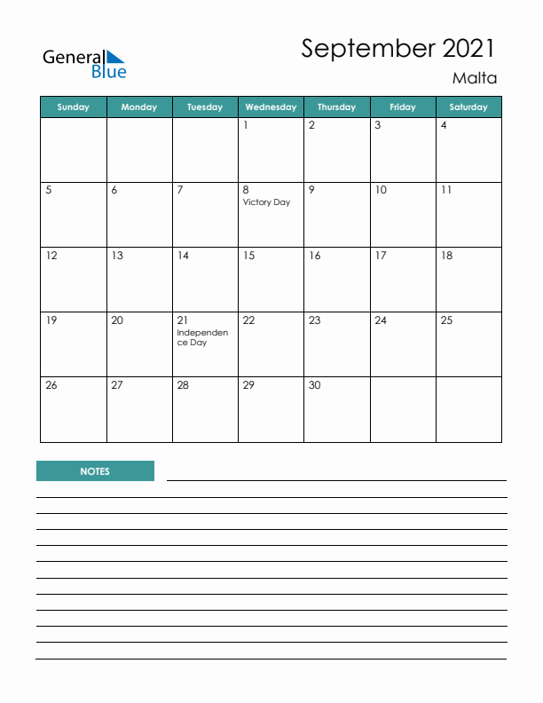 Calendar with Notes Printable - Sunday Start