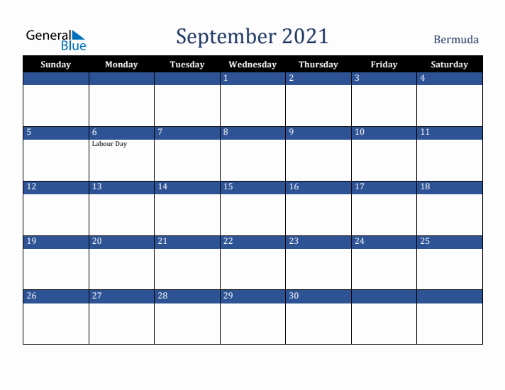 September 2021 Bermuda Calendar (Sunday Start)