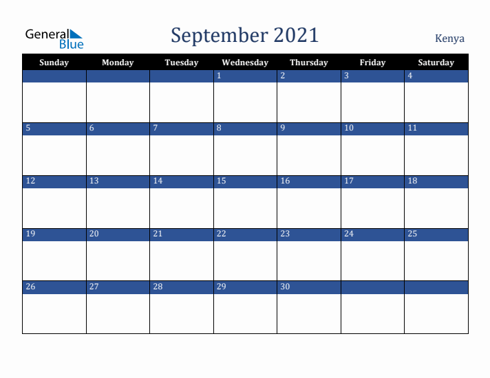 September 2021 Kenya Calendar (Sunday Start)