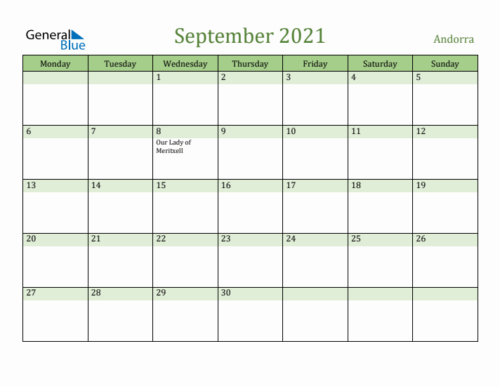 September 2021 Calendar with Andorra Holidays