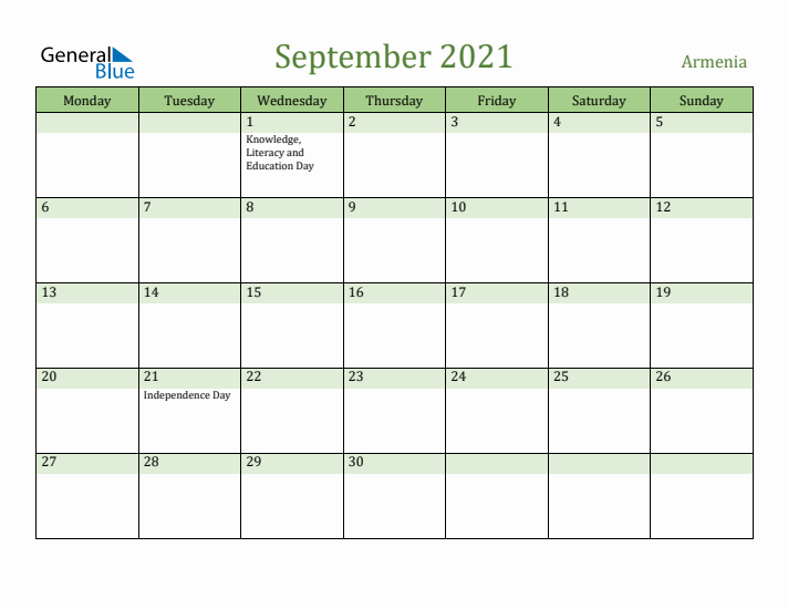 September 2021 Calendar with Armenia Holidays