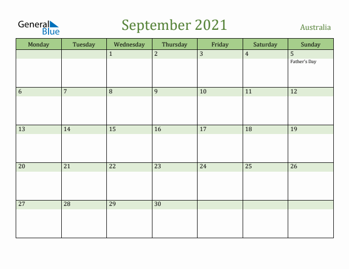 September 2021 Calendar with Australia Holidays