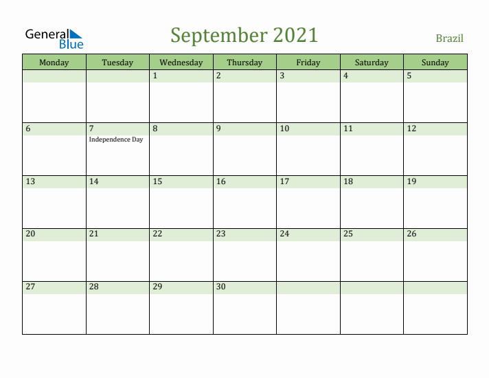 September 2021 Calendar with Brazil Holidays