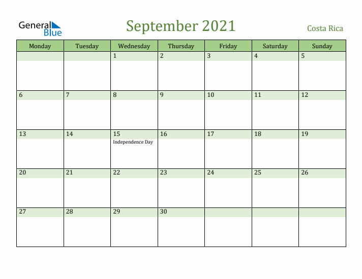 September 2021 Calendar with Costa Rica Holidays