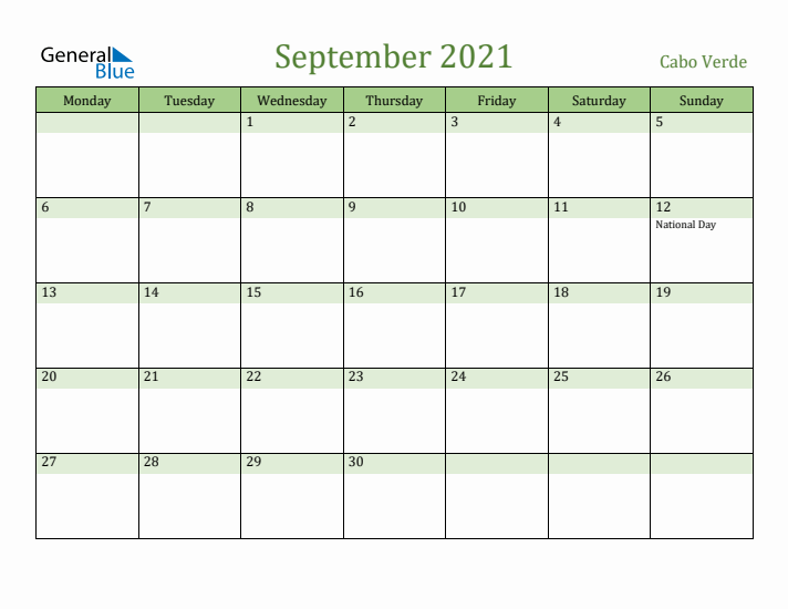 September 2021 Calendar with Cabo Verde Holidays