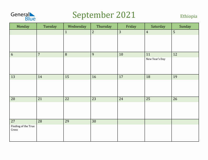 September 2021 Calendar with Ethiopia Holidays