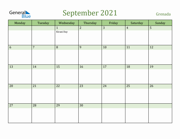 September 2021 Calendar with Grenada Holidays