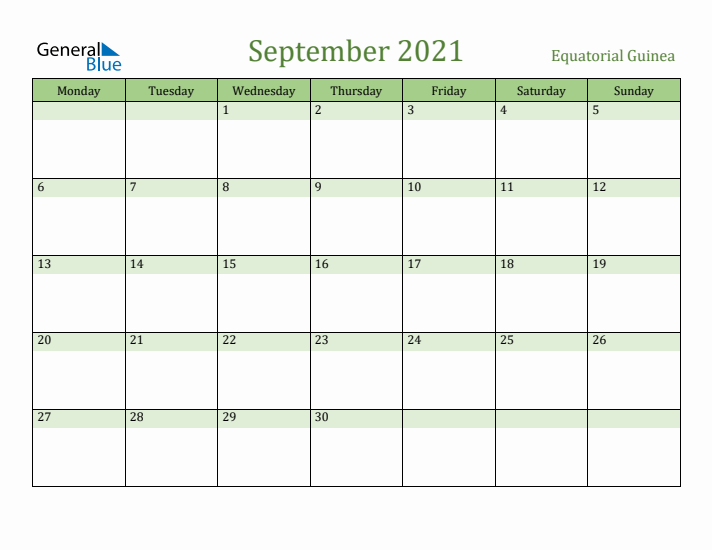 September 2021 Calendar with Equatorial Guinea Holidays