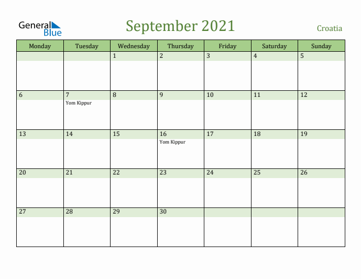 September 2021 Calendar with Croatia Holidays