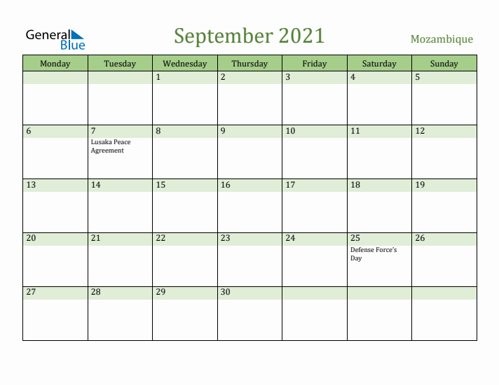 September 2021 Calendar with Mozambique Holidays