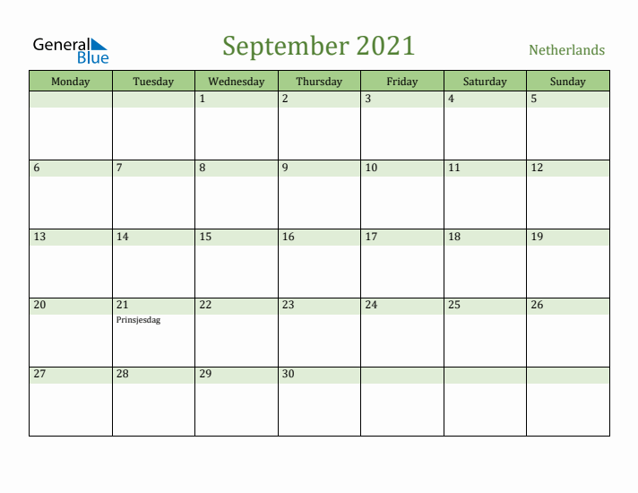 September 2021 Calendar with The Netherlands Holidays