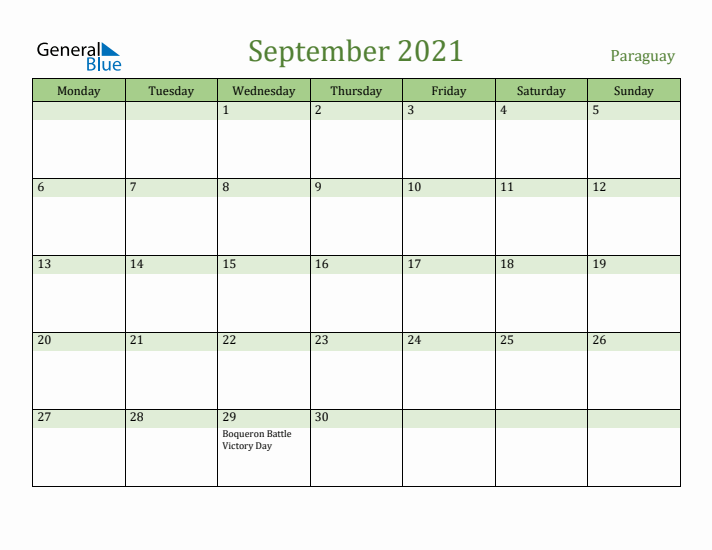 September 2021 Calendar with Paraguay Holidays