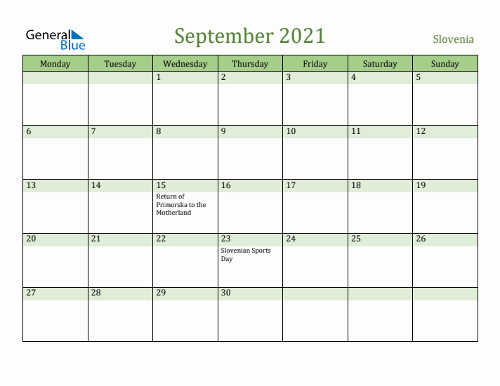 September 2021 Calendar with Slovenia Holidays