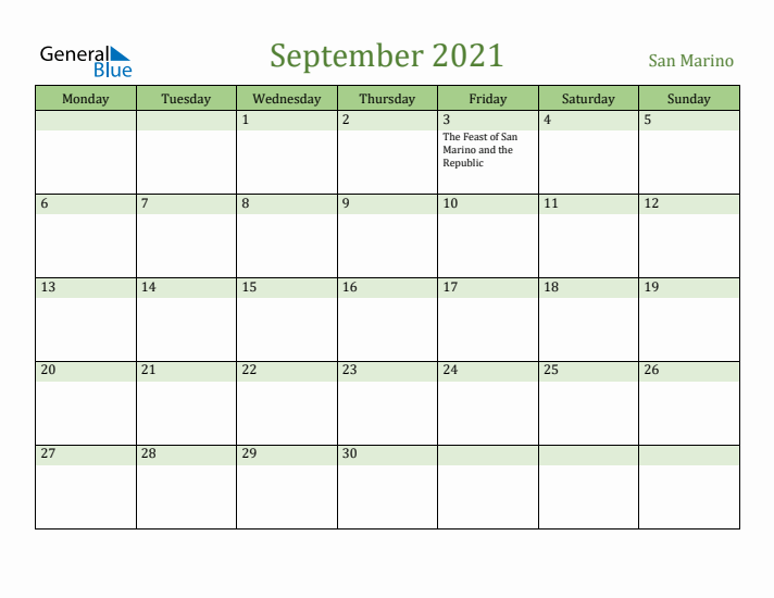 September 2021 Calendar with San Marino Holidays