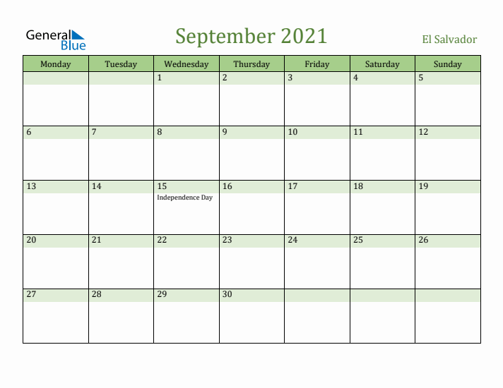 September 2021 Calendar with El Salvador Holidays