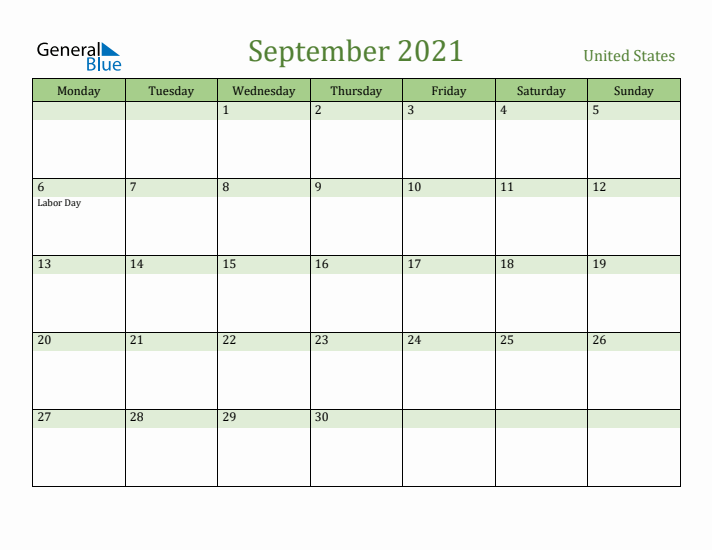 September 2021 Calendar with United States Holidays