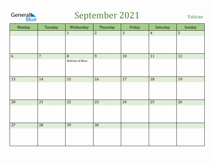 September 2021 Calendar with Vatican Holidays