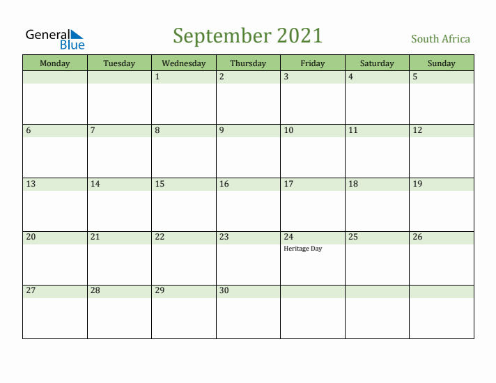 September 2021 Calendar with South Africa Holidays