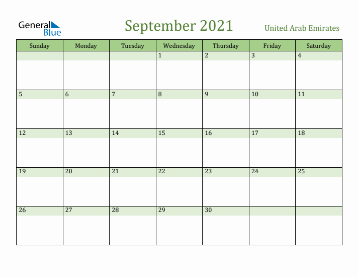 September 2021 Calendar with United Arab Emirates Holidays