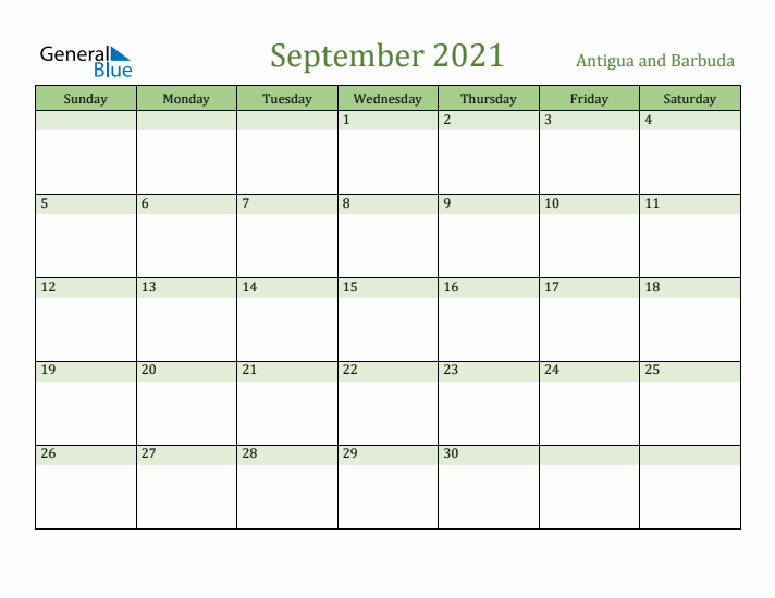 September 2021 Calendar with Antigua and Barbuda Holidays