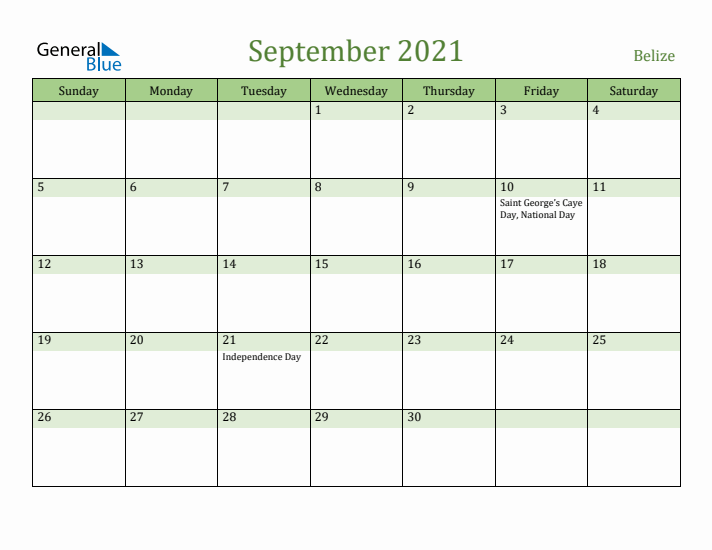 September 2021 Calendar with Belize Holidays