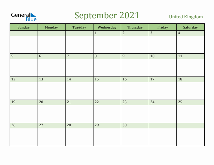 September 2021 Calendar with United Kingdom Holidays