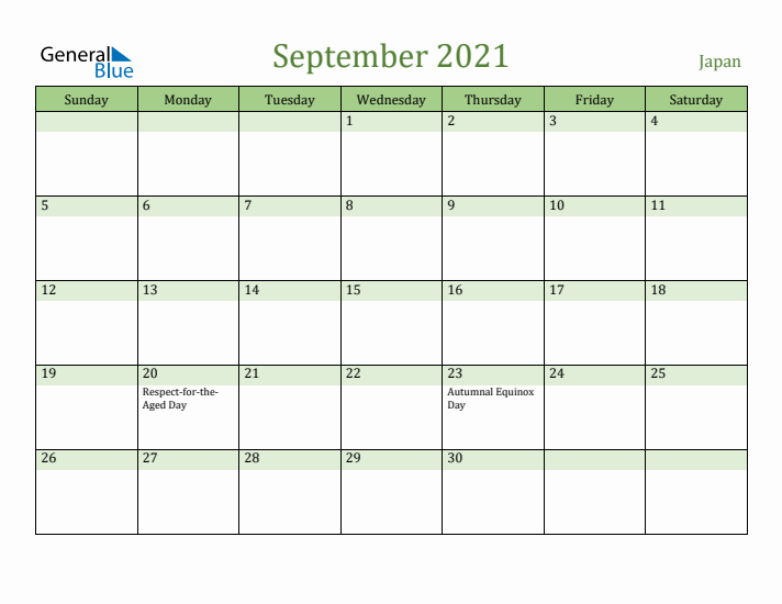 September 2021 Calendar with Japan Holidays