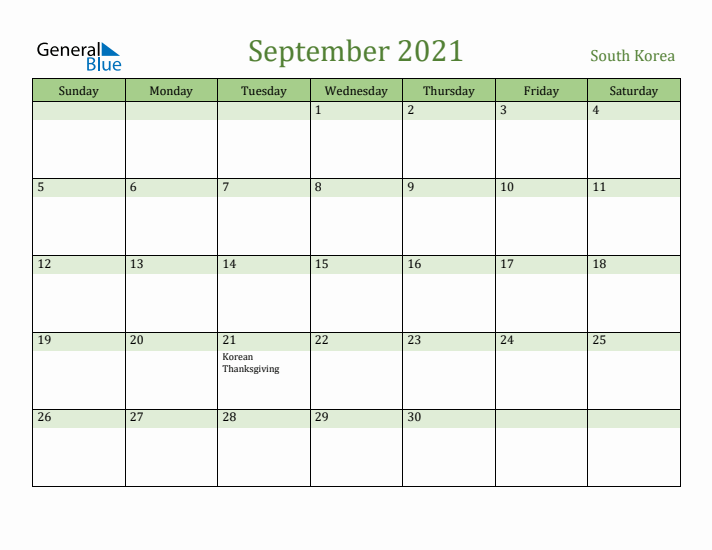 September 2021 Calendar with South Korea Holidays