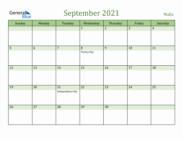 September 2021 Calendar with Malta Holidays