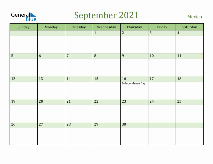 September 2021 Calendar with Mexico Holidays