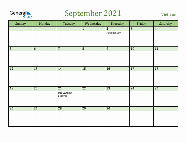 September 2021 Calendar with Vietnam Holidays