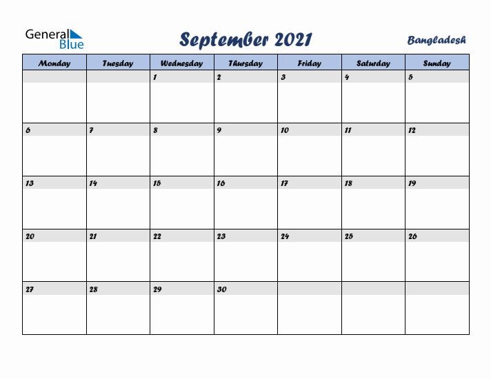 September 2021 Calendar with Holidays in Bangladesh