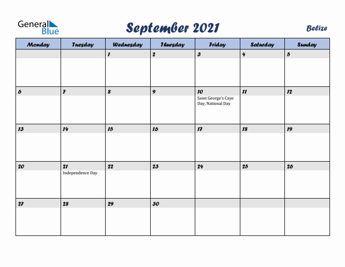 September 2021 Calendar with Holidays in Belize