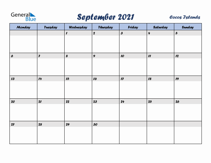 September 2021 Calendar with Holidays in Cocos Islands