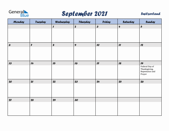 September 2021 Calendar with Holidays in Switzerland