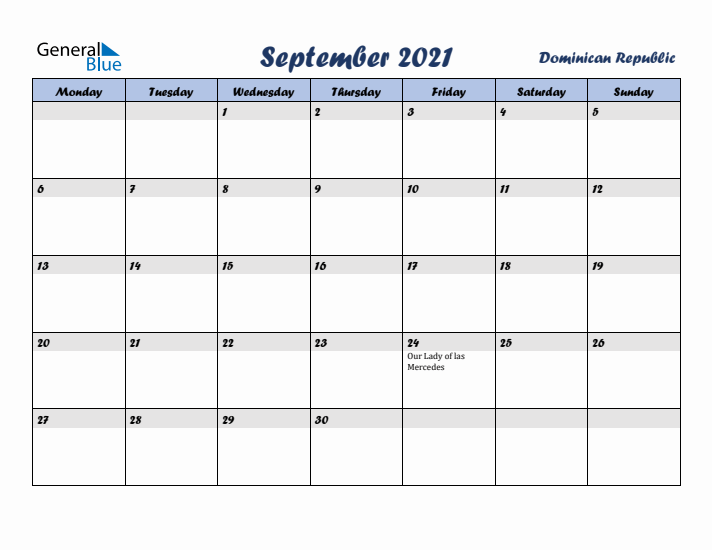 September 2021 Calendar with Holidays in Dominican Republic