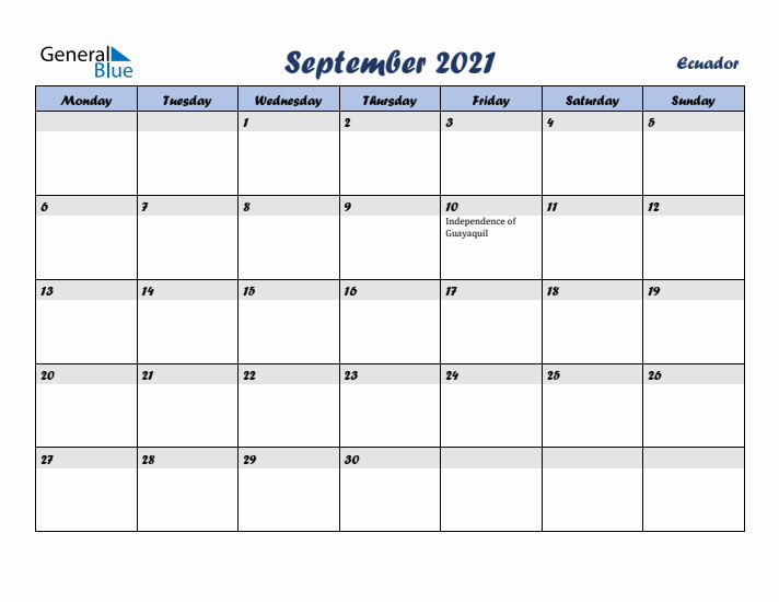 September 2021 Calendar with Holidays in Ecuador