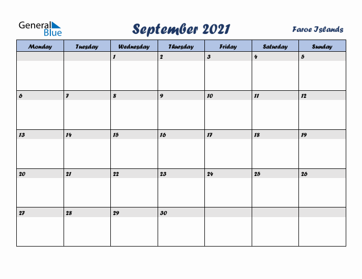 September 2021 Calendar with Holidays in Faroe Islands